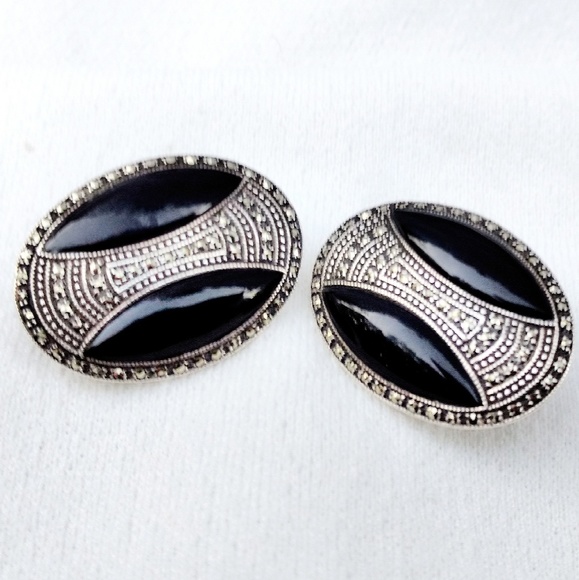 Vintage Art Deco Sterling Silver Onyx & Marcasite Earrings